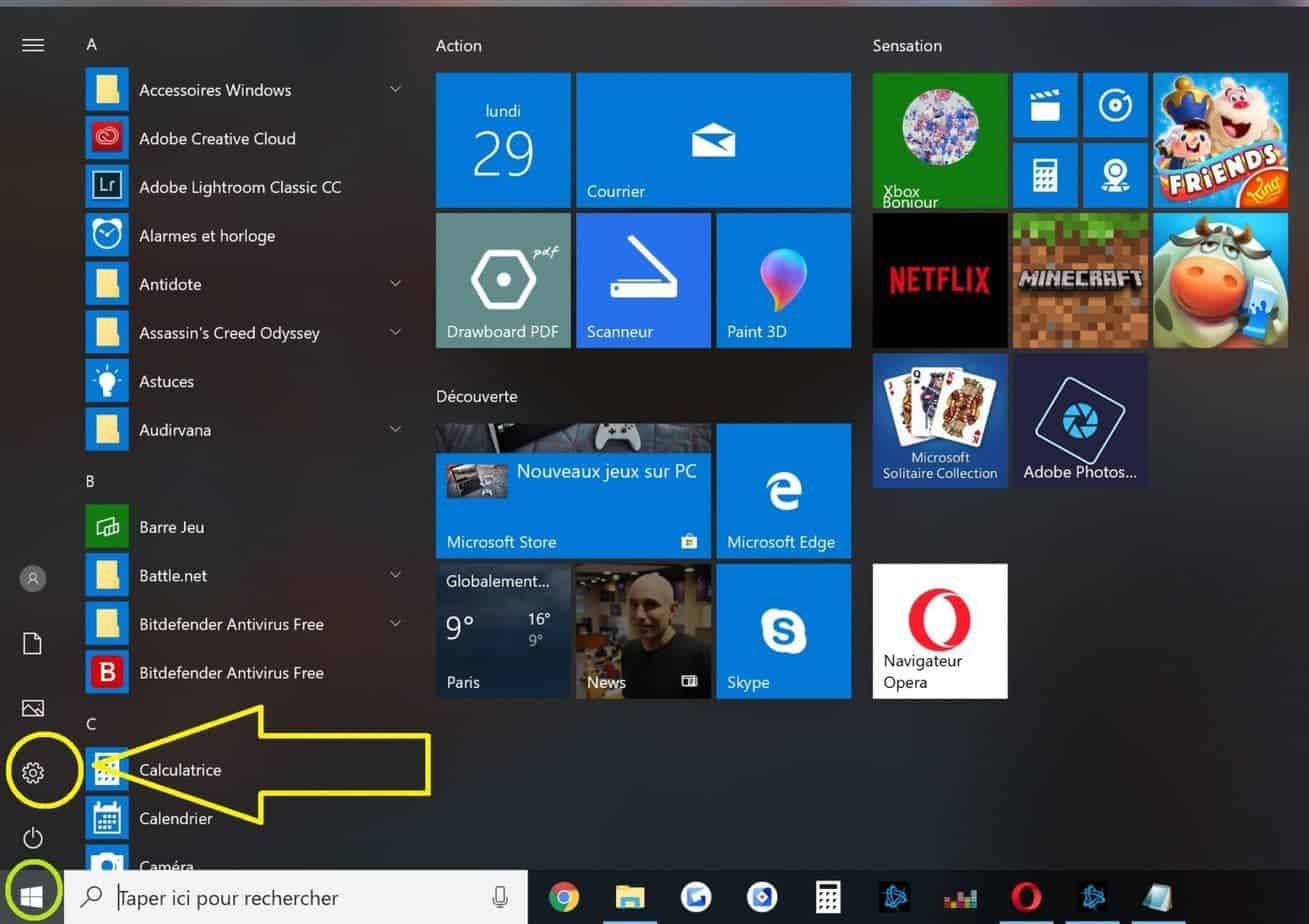 aller dans les paramètres windows 10