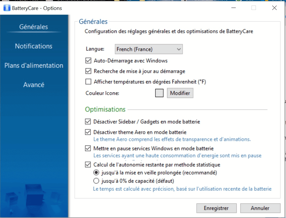 Options Battery Care Windows