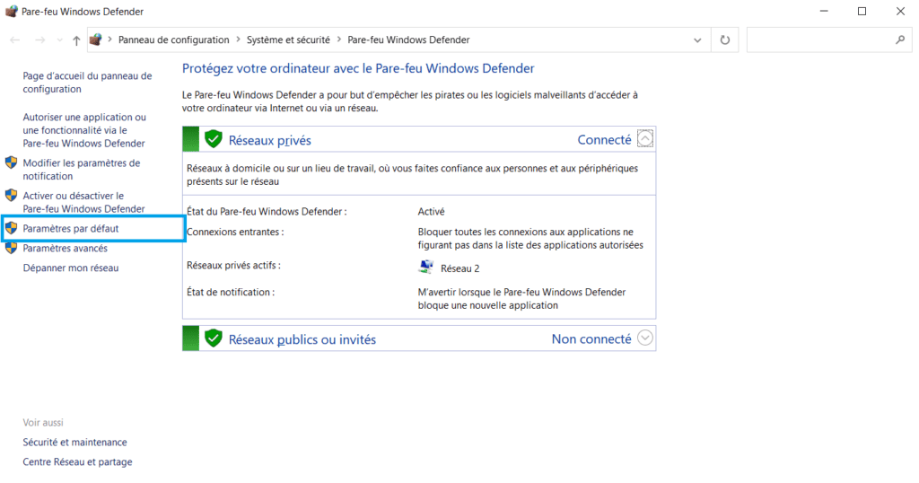 Parametres Par Defaut Pare Feu Windows 10