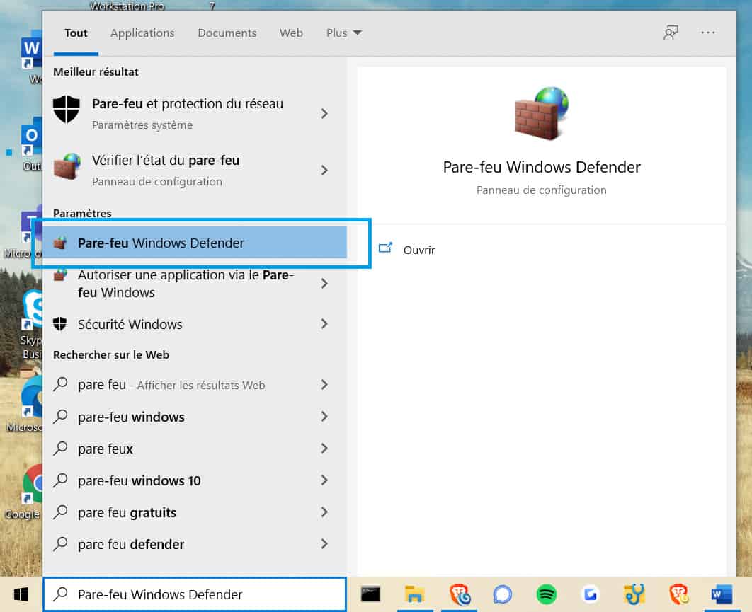 Recherche Pare Feu Windows 10