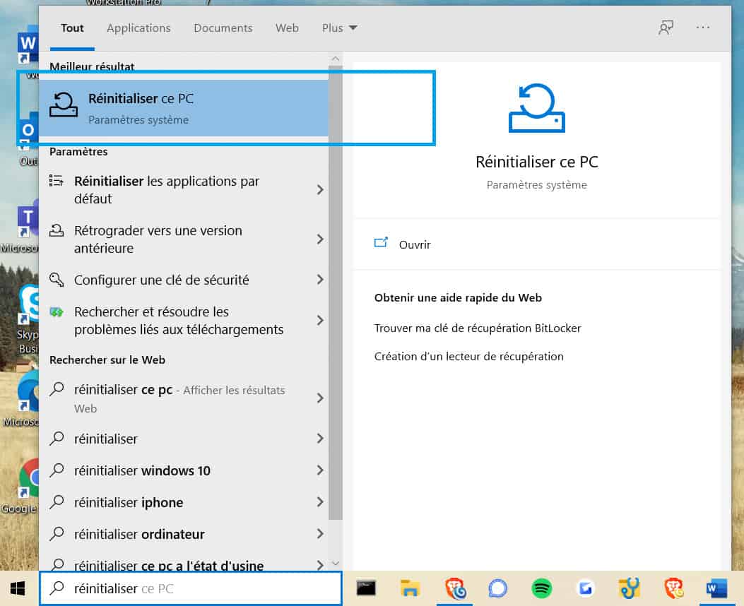 Recherche Reinitialiser Ce Pc Windows 10