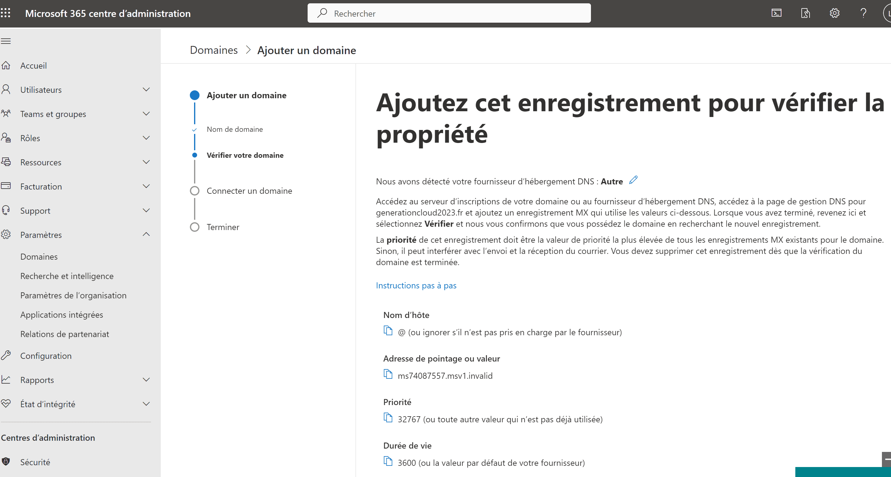 Valider Propriete Domaine Centre Administration Ms 365 (2)