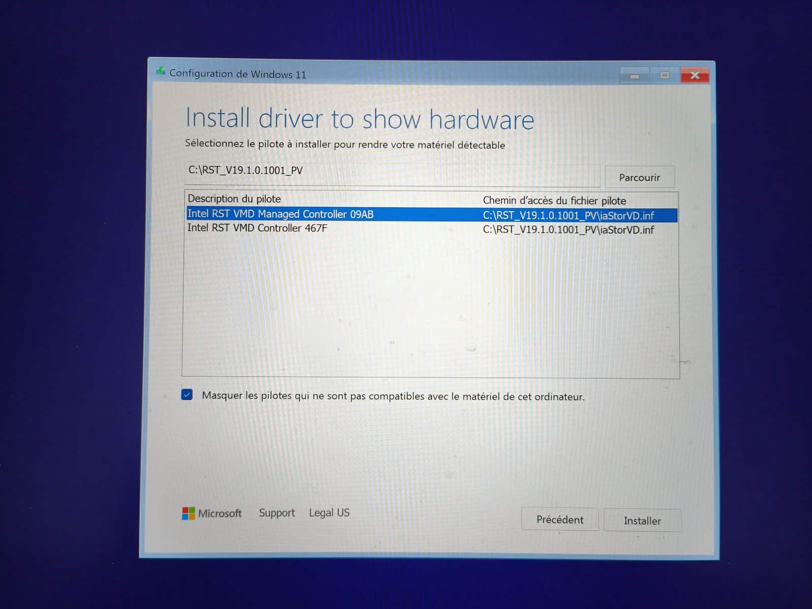 SSD invisible à l&rsquo;installation de Windows: charger les pilotes Intel RST